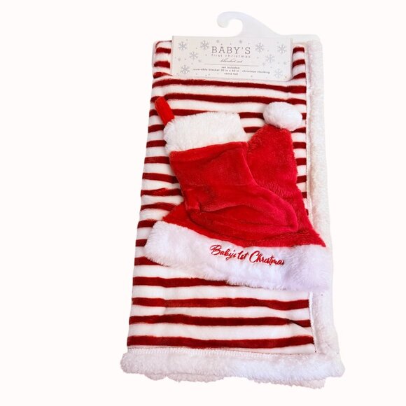 Babys First Christmas Gift Set Embroidered Hat Booties Bibs Blanket Santa Plush - Picture 3 of 13
